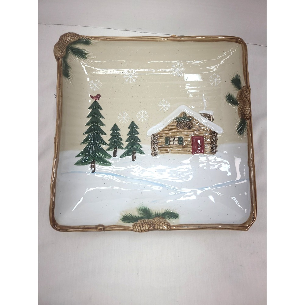 St Nicholas Square HEARTLAND Square Salad Plate Snowy Cabin Pine Cone Trim